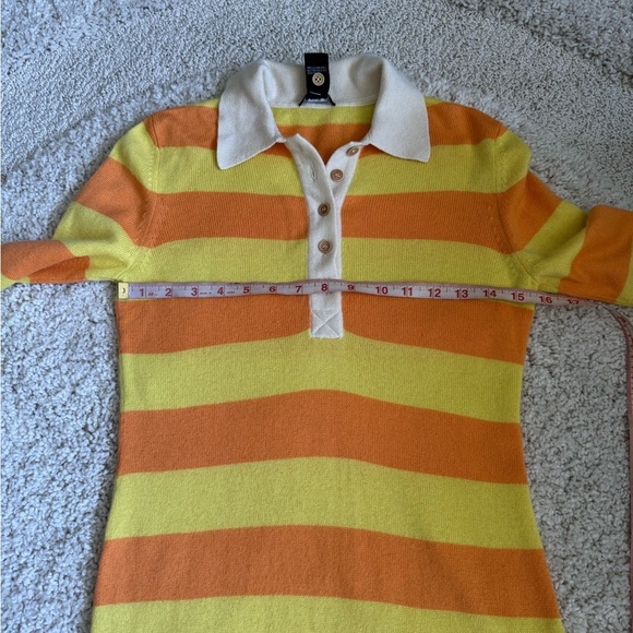 Theory Cashmere Silk Striped Orange Yellow Knit Polo Long Sleeve Shirt Small - Picture 10 of 12